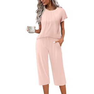 image:imageEkouaer Capri Pajamas Set Womens Ruffle Sleeve Top and Capri Pants Soft Sleepwear Loungewear with PocketsPink