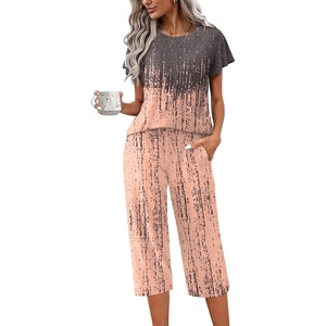 image:imageEkouaer Capri Pajamas Set Womens Ruffle Sleeve Top and Capri Pants Soft Sleepwear Loungewear with PocketsTiedye Greycoral