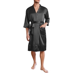 image:imageEkouaer Mens Satin Robe Lightweight Silky Kimono Bathrobe 34 Sleeve Spa Knee Length Loungewear with Pockets S3XLBlack