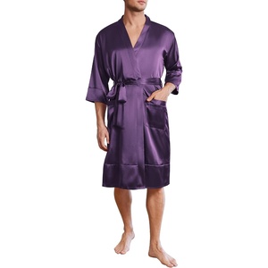 image:imageEkouaer Mens Satin Robe Lightweight Silky Kimono Bathrobe 34 Sleeve Spa Knee Length Loungewear with Pockets S3XLDark Purple