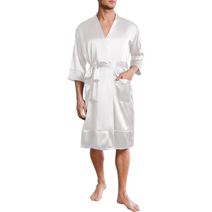 image:imageEkouaer Mens Satin Robe Lightweight Silky Kimono Bathrobe 34 Sleeve Spa Knee Length Loungewear with Pockets S3XLWhite