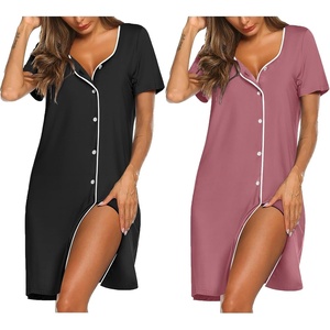image:imageEkouaer Nightgowns for Women 2 Pack Button Down Sleepshirt Short Sleeve Nightshirt Soft Sleepwear V Neck Pajama DressBlackGrey Purple