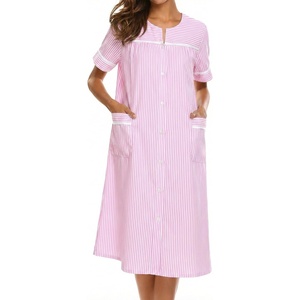image:imageEkouaer Nightgowns for Women House Dress with Pockets Button Down House Coat Short Sleeve Night Gowns Duster Moo MoosStriped Pink