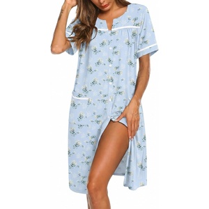 image:imageEkouaer Nightgowns for Women House Dress with Pockets Button Down Sleepshirt Short Sleeve Nightshirt HousecoatBlue Daisy