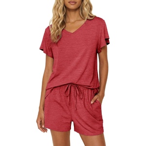 image:imageEkouaer Pajamas Set Women Casual Ruffle Sleeves Soft Comfy Loungewear Set with PocketsWine Red