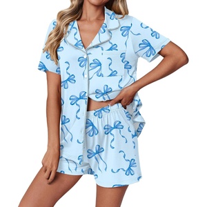 image:imageEkouaer Pajamas Set for Women 2 Piece Pjs Short Sleeve Sleepwear Button Down Lounge Shorts Sets SXXLBlue Bow2