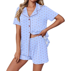 image:imageEkouaer Pajamas Set for Women 2 Piece Pjs Short Sleeve Sleepwear Button Down Lounge Shorts Sets SXXLBlue With Bow