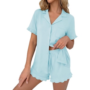 image:imageEkouaer Pajamas Set for Women Button Down Pjs Lounge Sets Ruffle Short Sleeve Sleepwear Cute LoungewearIce Blue