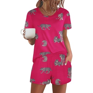 image:imageEkouaer Womens Pajama Sets Short Sleeve Pjs 2 Piece Top and Shorts Sleepwear Comfy Soft Lounge Sets with PocketsHot Pink Animal Print