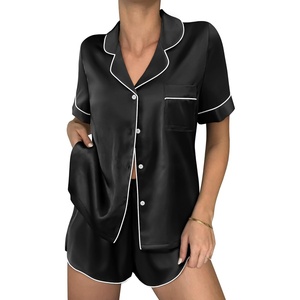 image:imageEkouaer Womens Silk Satin Pajama Sets 2 Piece Button Down Silk Pjs Shorts Sets Cute Print Short Sleeve Sleepwear S4XLBlack