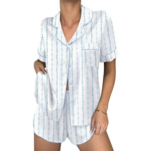 image:imageEkouaer Womens Silk Satin Pajama Sets 2 Piece Button Down Silk Pjs Shorts Sets Cute Print Short Sleeve Sleepwear S4XLBlue Flower Bow Stripe