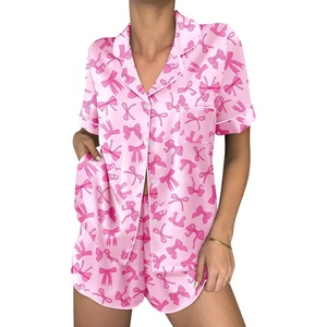 image:imageEkouaer Womens Silk Satin Pajama Sets 2 Piece Button Down Silk Pjs Shorts Sets Cute Print Short Sleeve Sleepwear S4XLBow Print