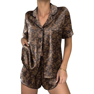 image:imageEkouaer Womens Silk Satin Pajama Sets 2 Piece Button Down Silk Pjs Shorts Sets Cute Print Short Sleeve Sleepwear S4XLBrown Leaf Print