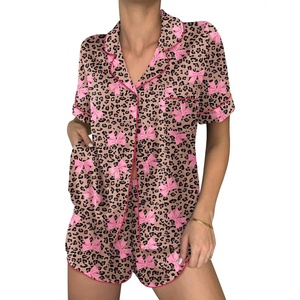 image:imageEkouaer Womens Silk Satin Pajama Sets 2 Piece Button Down Silk Pjs Shorts Sets Cute Print Short Sleeve Sleepwear S4XLBrown Leopard With Pink Bow