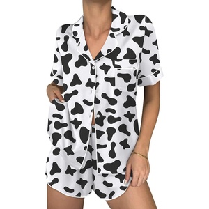 image:imageEkouaer Womens Silk Satin Pajama Sets 2 Piece Button Down Silk Pjs Shorts Sets Cute Print Short Sleeve Sleepwear S4XLCow Print
