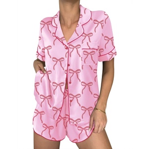 image:imageEkouaer Womens Silk Satin Pajama Sets 2 Piece Button Down Silk Pjs Shorts Sets Cute Print Short Sleeve Sleepwear S4XLPink With Red Bow