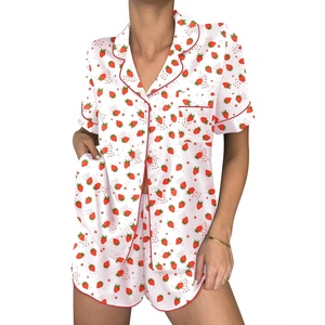 image:imageEkouaer Womens Silk Satin Pajama Sets 2 Piece Button Down Silk Pjs Shorts Sets Cute Print Short Sleeve Sleepwear S4XLStrawberry