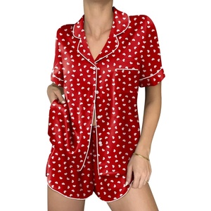 image:imageEkouaer Womens Silk Satin Pajama Sets 2 Piece Button Down Silk Pjs Shorts Sets Cute Print Short Sleeve Sleepwear S4XLWhite Heart Print