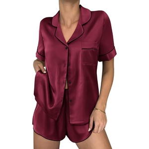 image:imageEkouaer Womens Silk Satin Pajama Sets 2 Piece Button Down Silk Pjs Shorts Sets Cute Print Short Sleeve Sleepwear S4XLWine Red