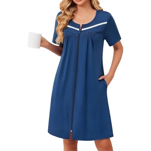 image:imageEkouaer Womens Zip Up Robe Lace Short Sleeve Bathrobes Knee Length Zipper Housecoat Lightweight NightgownsNavy Blue