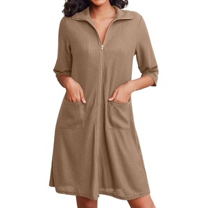 image:imageEkouaer Zipper Robes for Women Waffle Knit Bathrobes Short Lightweight Knee Length Loungewear with Pockets SXXLKhaki
