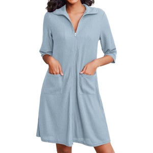 image:imageEkouaer Zipper Robes for Women Waffle Knit Bathrobes Short Lightweight Knee Length Loungewear with Pockets SXXLLight Blue