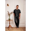 image:imageEkouaer Mens Silk Satin Pajama Set Short Sleeve Sleepwear Silky Loungewear with Long PantsBlack