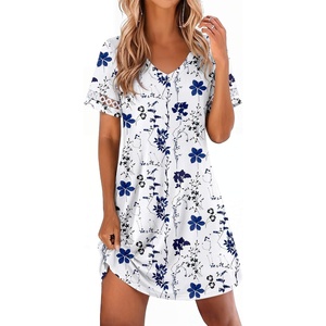 image:imageEkouaer Cotton Nightgowns for Women Short Sleeve Sleep Shirts TShirt Dress V Neck Nightshirt S3XLBlue Branches