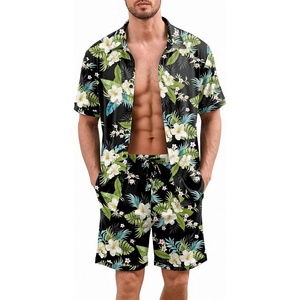 image:imageEkouaer Mens Hawaiian Shirt and Shorts Sets 2 Piece Beach Outfits Button Down Summer Pajamas Set Vacation Lounge Sets XSXXLHawaiian Flower Green  Blue Leaves