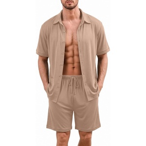 image:imageEkouaer Mens Hawaiian Shirt and Shorts Sets 2 Piece Beach Outfits Button Down Summer Pajamas Set Vacation Lounge Sets XSXXLKhaki