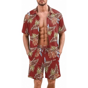 image:imageEkouaer Mens Hawaiian Shirt and Shorts Sets 2 Piece Beach Outfits Button Down Summer Pajamas Set Vacation Lounge Sets XSXXLRed Hawaiian Leaves