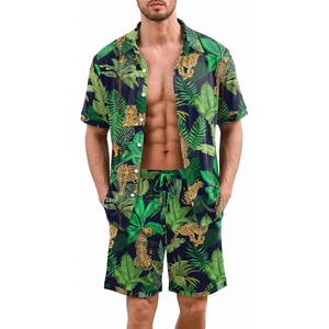 image:imageEkouaer Mens Hawaiian Shirt and Shorts Sets 2 Piece Beach Outfits Button Down Summer Pajamas Set Vacation Lounge Sets XSXXLTropical Plant Leopard