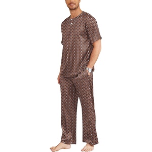 image:imageEkouaer Mens Silk Satin Pajama Set Short Sleeve Sleepwear Silky Loungewear with Long PantsGeometric Gold