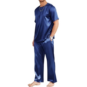 image:imageEkouaer Mens Silk Satin Pajama Set Short Sleeve Sleepwear Silky Loungewear with Long PantsNavy Blue