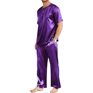 image:imageEkouaer Mens Silk Satin Pajama Set Short Sleeve Sleepwear Silky Loungewear with Long PantsPurple