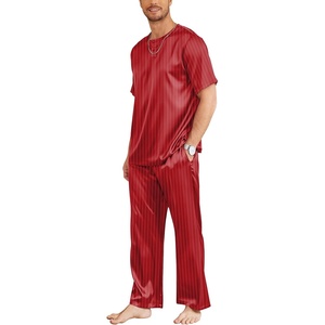 image:imageEkouaer Mens Silk Satin Pajama Set Short Sleeve Sleepwear Silky Loungewear with Long PantsStripe Red