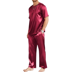 image:imageEkouaer Mens Silk Satin Pajama Set Short Sleeve Sleepwear Silky Loungewear with Long PantsWine Red