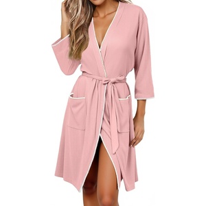 image:imageEkouaer Robes for Women Ribbed Knit Bathrobe Soft Lightweight Knee Length Kimono Robe Ladies Sleepwear with Pockets SXXLDark Pink
