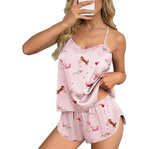 image:imageEkouaer Silk Pajamas Set for Women Satin Backless Lingerie Pjs Cami Top and Shorts NightwearPrintlove Pups