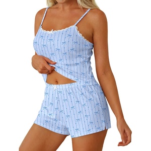 image:imageEkouaer Women Pajama Sets 2 Piece Cute Cami Sleepwear Lace Trim Pj Top Soft Summer Lounge Shorts Sexy Lingerie SXXLBlue Stripe Bows