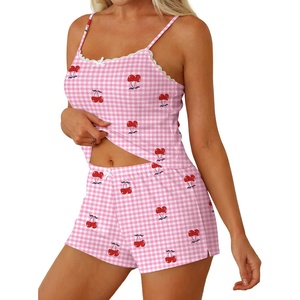image:imageEkouaer Women Pajama Sets 2 Piece Cute Cami Sleepwear Lace Trim Pj Top Soft Summer Lounge Shorts Sexy Lingerie SXXLPink Plaid Cherry