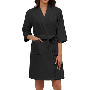image:imageEkouaer Women Terry Cloth Robes Absorbent Towel Robe Knee Length Soft Bathrobe 34 Sleeve Spa Robe with PocketsBlack