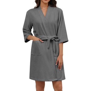 image:imageEkouaer Women Terry Cloth Robes Absorbent Towel Robe Knee Length Soft Bathrobe 34 Sleeve Spa Robe with PocketsDark Grey
