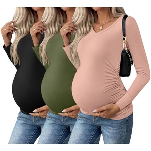 image:imageEkouaer Womens Maternity Shirts Long Sleeve 3 Packs Pregnancy VNeck Clothes Side Ruched Blouse Tops for Mama SXXLBlackArmy GreenDirty Pink