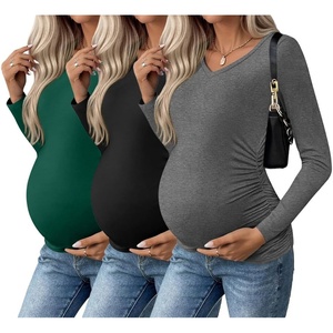 image:imageEkouaer Womens Maternity Shirts Long Sleeve 3 Packs Pregnancy VNeck Clothes Side Ruched Blouse Tops for Mama SXXLDark GreenBlackDark Grey
