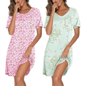 image:imageEkouaer 2 Pack Nightgowns for Women Bamboo Viscose Sleep Shirts Short Sleeve Nightshirt V neck Sleepdress Soft SleepwearFloral PinkFloral Light Green