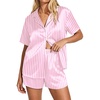 image:imageEkouaer Womens Satin Pajama Set Short Sleeve Button Down Sleepwear 2 Piece Silky Pj Set Soft Loungewear for LadiesPink WhiteStripes