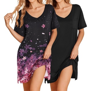 image:imageEkouaer 2 Pack Nightgowns for Women Short Sleeve Sleepshirt V Neck Nightshirt Casual Print SleepwearAblackGradient Cherry Blossoms