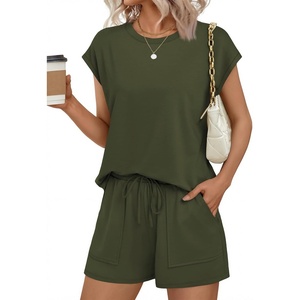 image:imageEkouaer Two Piece Sets for Women Summer Crew Neck Lounge Short Sets Cap Sleeve Drawstring Vacation Outfits with PocketArmy Green