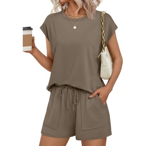 image:imageEkouaer Two Piece Sets for Women Summer Crew Neck Lounge Short Sets Cap Sleeve Drawstring Vacation Outfits with PocketCoffee